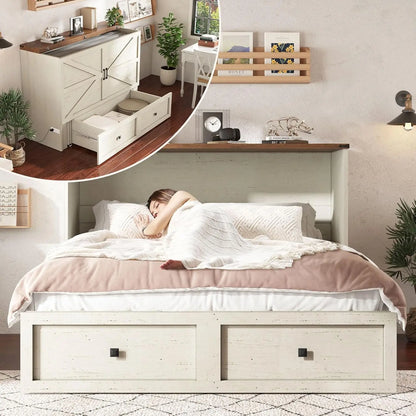 Queen Murphy Bed with Storage & Charging Station, Farmhouse Murphy Cabinet with Foldable Panel, Noisy Free, for, Customized