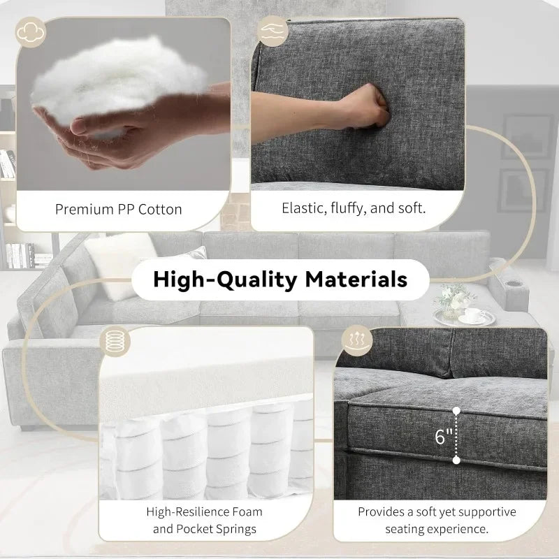 Modern U-Shaped Cloud Couch Set, 6-Seat Chenille Sectional Sleeper Sofa with Cup Holders & Chaise