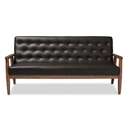 Mid-century Retro Modern Brown Faux Leather Upholstered Wooden 3-seater Sofa