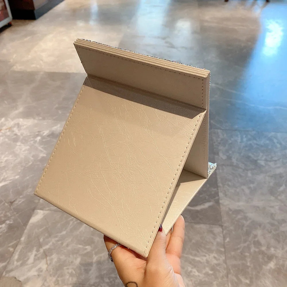 Sparkling Rhinestone Foldable Mirror Rectangle Makeup Mirror Portable Dormitory Desktop Dressing Mirror Bedroom Crystal Mirrors