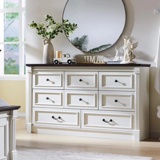 Farmhouse 8 drawer dresser, 61" wide large chest of drawers with Roman Columns, bedroom, hallway, living room, storage