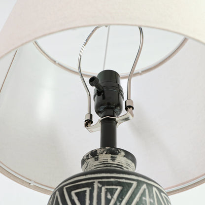 2 Pack 25-Inch Carved Geometric Ceramic Table Lamp With Linen Shade, Southwest's Rustic Accent Lamps For Living Room End Tables