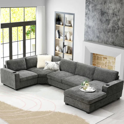 Modern U-Shaped Cloud Couch Set, 6-Seat Chenille Sectional Sleeper Sofa with Cup Holders & Chaise