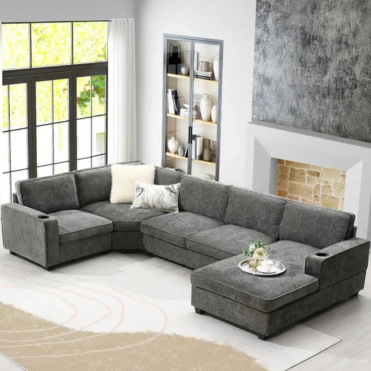 Modern U-Shaped Cloud Couch Set, 6-Seat Chenille Sectional Sleeper Sofa with Cup Holders & Chaise