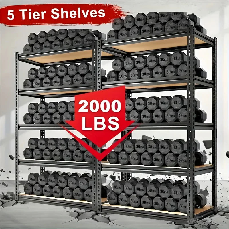 5-Tier Heavy Duty Shelving Unit 2000LBS Capacity - 72"W x 36"D x 16"H Industrial Storage Rack, Matte Black Garage Shelves
