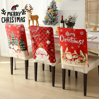 1PC Christmas Chair Back Cover Red Classic Christmas Pattern Merry Christmas For Restaurant Hotel Holiday Party Decoration