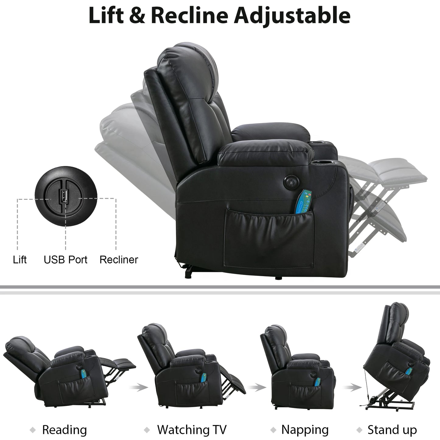 EBELLO 26" Extra Wide Lift Chair with Heat and Massage, Faux Leather Power Lift Recliner Massage Chair with 2 Cup Holders