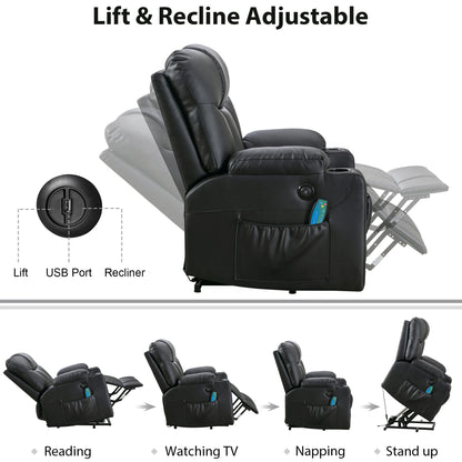 EBELLO 26" Extra Wide Lift Chair with Heat and Massage, Faux Leather Power Lift Recliner Massage Chair with 2 Cup Holders