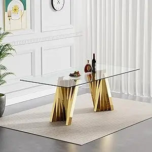 Glass Dining Table for 6 People, 62.8" Modern Kitchen Dining Room Table with Rectangular Tempered Glass Tabletop and U-Shape Ped