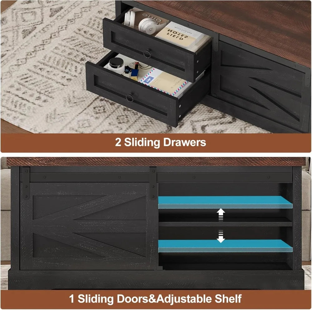 39.4'' Lift Top Coffee Table with Storage, Farmhouse Style, Hidden Compartment & Drawers, Adjustable Height