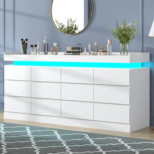 12 Drawer Dresser with Power Outlet, Dresser with LED Light, Modern Chest of Drawers for Closet, Double Wide Drawer Organizer Ca