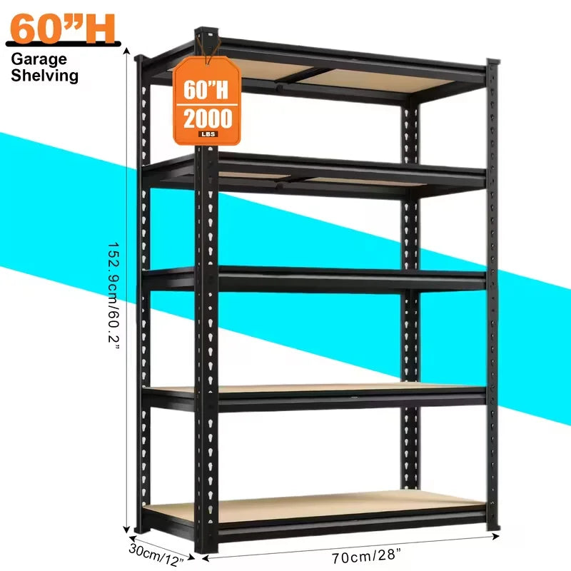 5-Tier Heavy Duty Shelving Unit 2000LBS Capacity - 72"W x 36"D x 16"H Industrial Storage Rack, Matte Black Garage Shelves