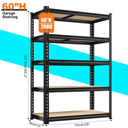 5-Tier Heavy Duty Shelving Unit 2000LBS Capacity - 72"W x 36"D x 16"H Industrial Storage Rack, Matte Black Garage Shelves