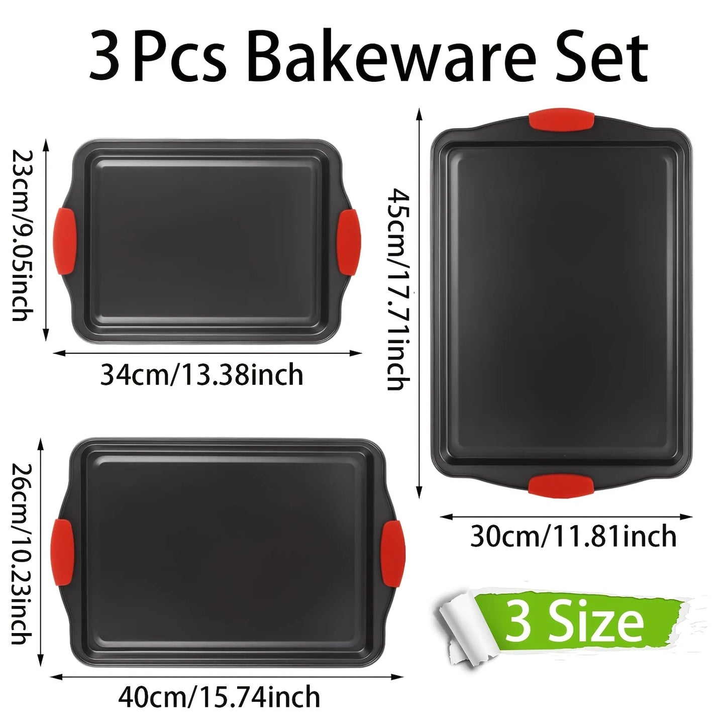 3-Piece Non-Stick Baking Sheet Set with Red Silicone Handles, 3-Size Rectangular Cookie Pan for Oven & Kitchen