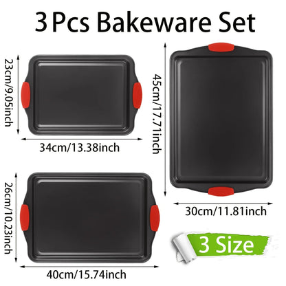 3-Piece Non-Stick Baking Sheet Set with Red Silicone Handles, 3-Size Rectangular Cookie Pan for Oven & Kitchen
