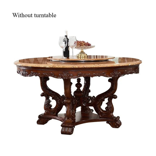 A European natural marble dining table full solid wood round table carved American villa large apartment restaurant combination