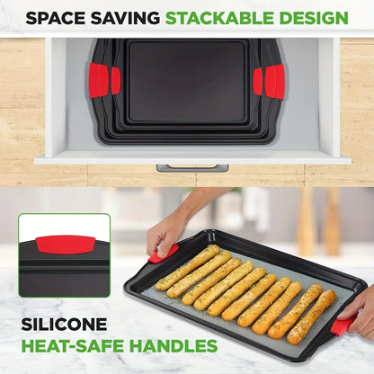 3-Piece Non-Stick Baking Sheet Set with Red Silicone Handles, 3-Size Rectangular Cookie Pan for Oven & Kitchen