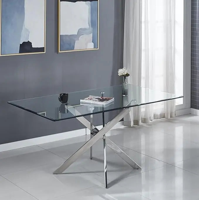 Glass Dining Table for 6 People, 62.8" Modern Kitchen Dining Room Table with Rectangular Tempered Glass Tabletop and U-Shape Ped