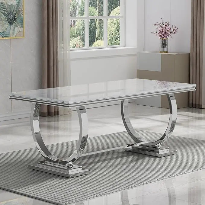 Glass Dining Table for 6 People, 62.8" Modern Kitchen Dining Room Table with Rectangular Tempered Glass Tabletop and U-Shape Ped