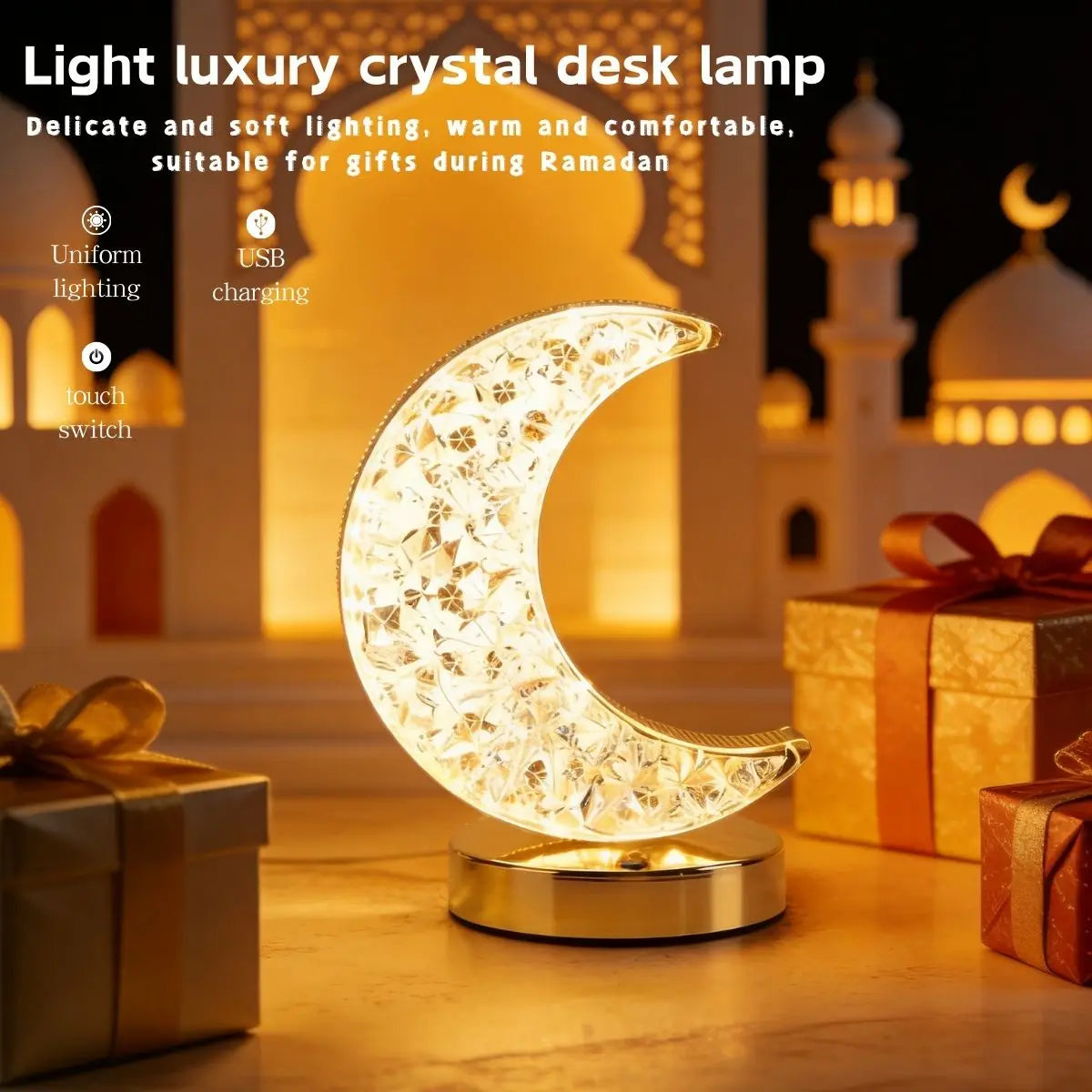 Moon shaped crystal night light, USB rechargeable bedside lamp, elegant and relaxing night light for home decoration