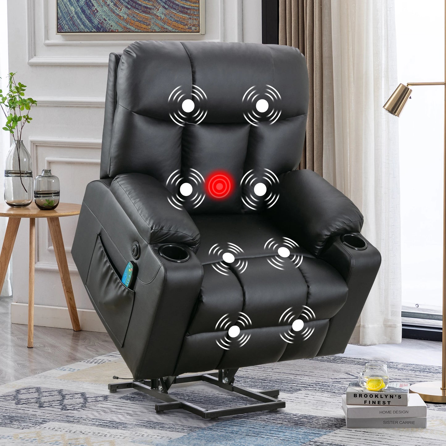 EBELLO 26" Extra Wide Lift Chair with Heat and Massage, Faux Leather Power Lift Recliner Massage Chair with 2 Cup Holders