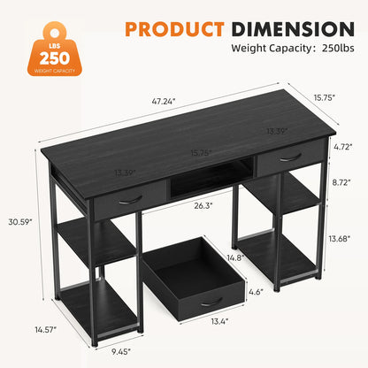 JHK 48 Inch Double Deck Shelving Office Computer Desk with Pull-out Fabric Storage Drawers Metal Frame Adjustable Feet Table ﻿