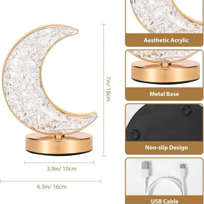 Moon shaped crystal night light, USB rechargeable bedside lamp, elegant and relaxing night light for home decoration