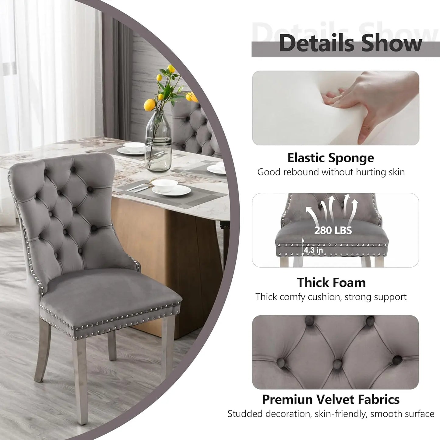 5pc Glass Dining Set Modern Minimalist Square Table & 4 Tufted Chairs 36in Grey for Small Space, Customized