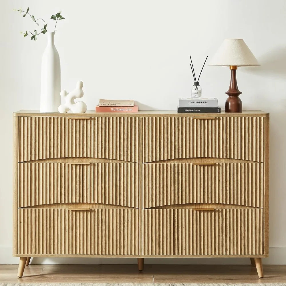 6 Drawer Dresser, 55" Wide Light Wood Curved Dresser,for Bedroom, Mid Century Modern Chest of Drawers