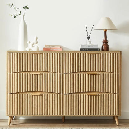 6 Drawer Dresser, 55" Wide Light Wood Curved Dresser,for Bedroom, Mid Century Modern Chest of Drawers