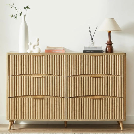 6 Drawer Dresser, 55" Wide Light Wood Curved Dresser,for Bedroom, Mid Century Modern Chest of Drawers