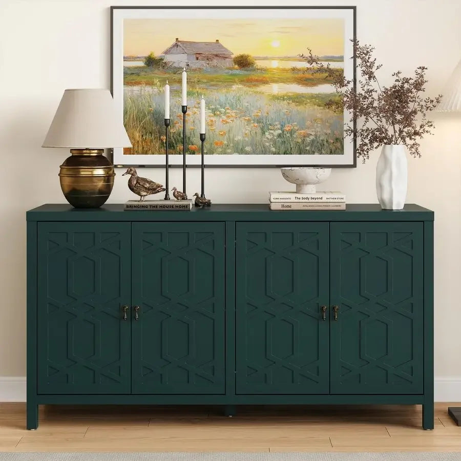 Modern Sideboard Buffet Cabinet, 60 Green Credenza with 4 Doors and Adjustable Shelves, Kitchen Buffet Table Coffee Bar Wine Ba