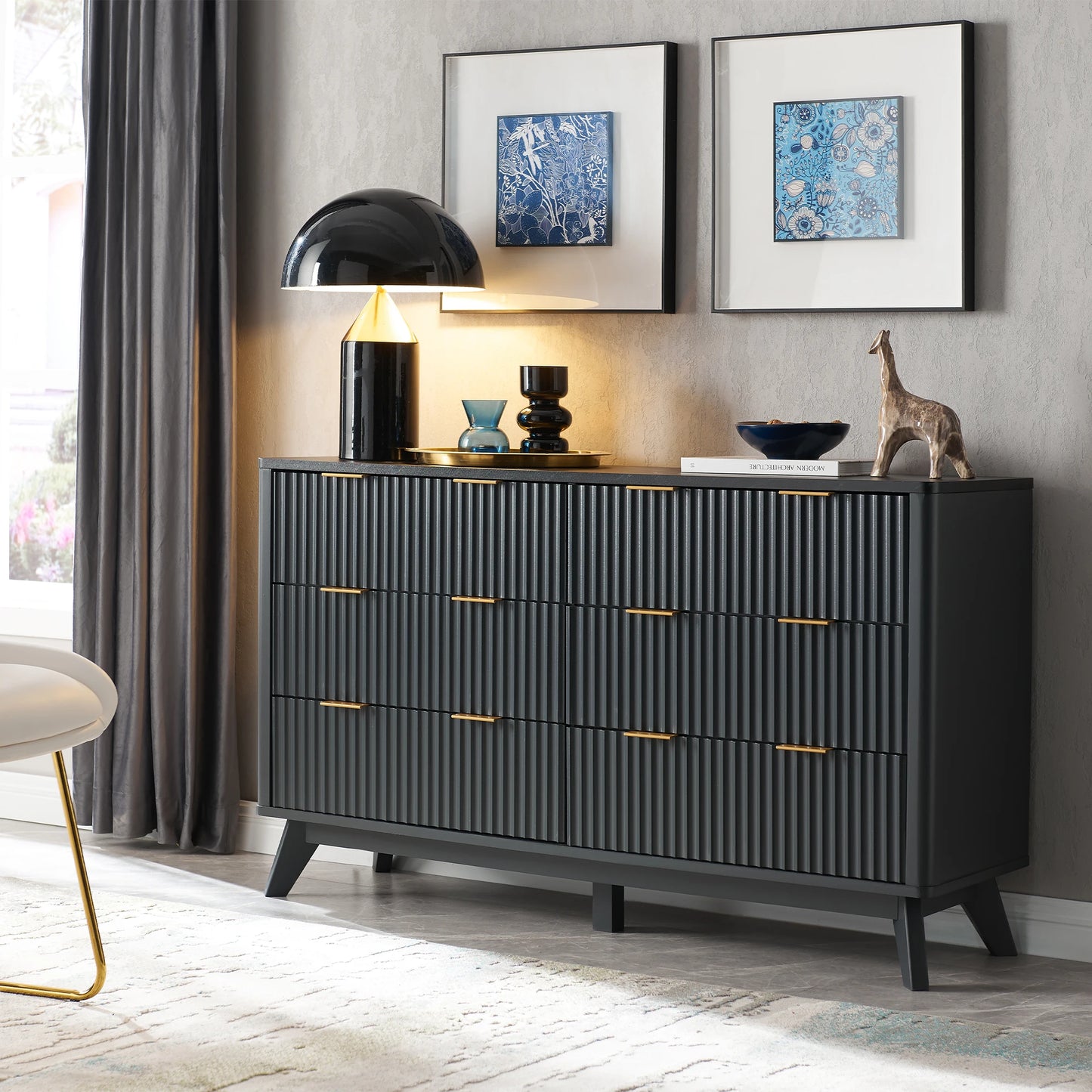 Redlemon Fluted 6 Drawers Dresser, 54" Wide Modern Chest of Drawers with Faux Marble Top