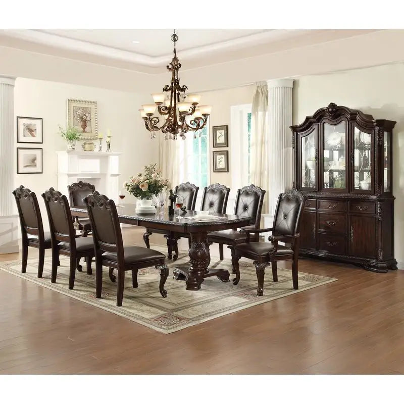 Rectangular Dining Table with 18" Extendable Leaf, Side Chairs, and Armchairs in Rich Dark Brown Finish, Faux Leather