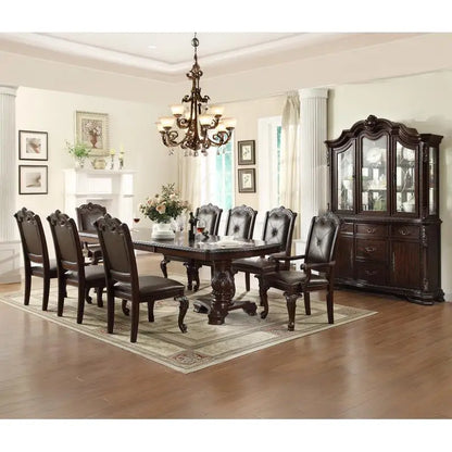 Rectangular Dining Table with 18" Extendable Leaf, Side Chairs, and Armchairs in Rich Dark Brown Finish, Faux Leather