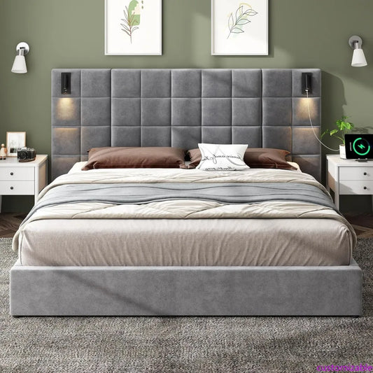 Merax King-Size Upholstered Bed with Reading Light and USB Charging, Velvet Headboard, Grey (No Side Tables or Mattress Included