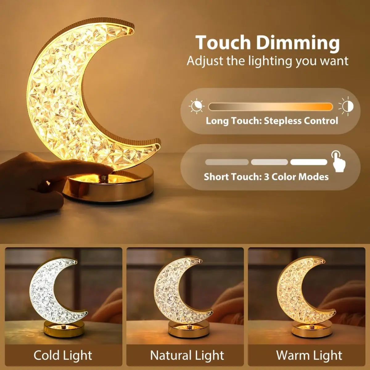 Moon shaped crystal night light, USB rechargeable bedside lamp, elegant and relaxing night light for home decoration