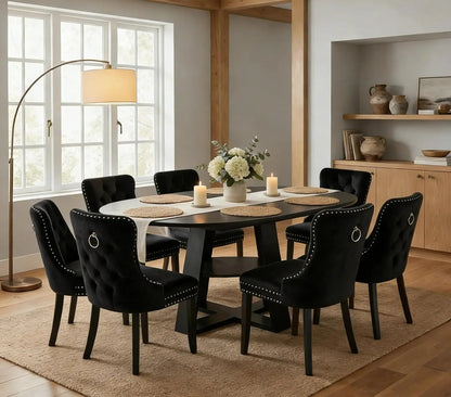 7 Piece Oval Extendable Dining Table Set for 6, 43"-59" Walnut Wood Expanding Kitchen Table with 6 Velvet Tufted, Customized