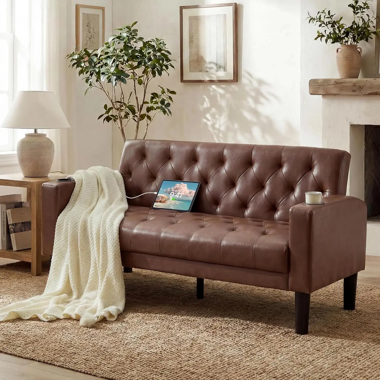 62" Brown Leather Loveseat with USB Ports & Cup Holders, Mid-Century Modern Tufted Sofa for Living Room, Office, Dorm