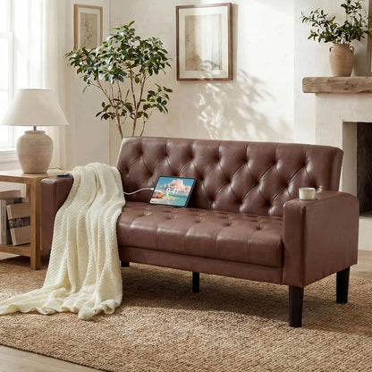 62" Brown Leather Loveseat with USB Ports & Cup Holders, Mid-Century Modern Tufted Sofa for Living Room, Office, Dorm