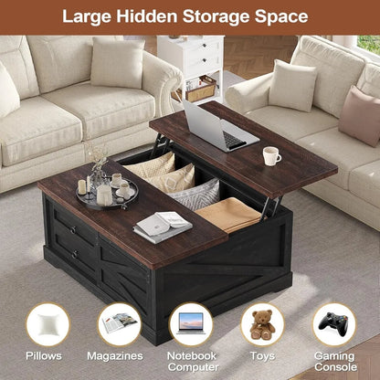 39.4'' Lift Top Coffee Table with Storage, Farmhouse Style, Hidden Compartment & Drawers, Adjustable Height