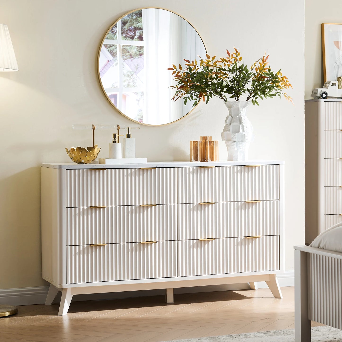 Redlemon Fluted 6 Drawers Dresser, 54" Wide Modern Chest of Drawers with Faux Marble Top