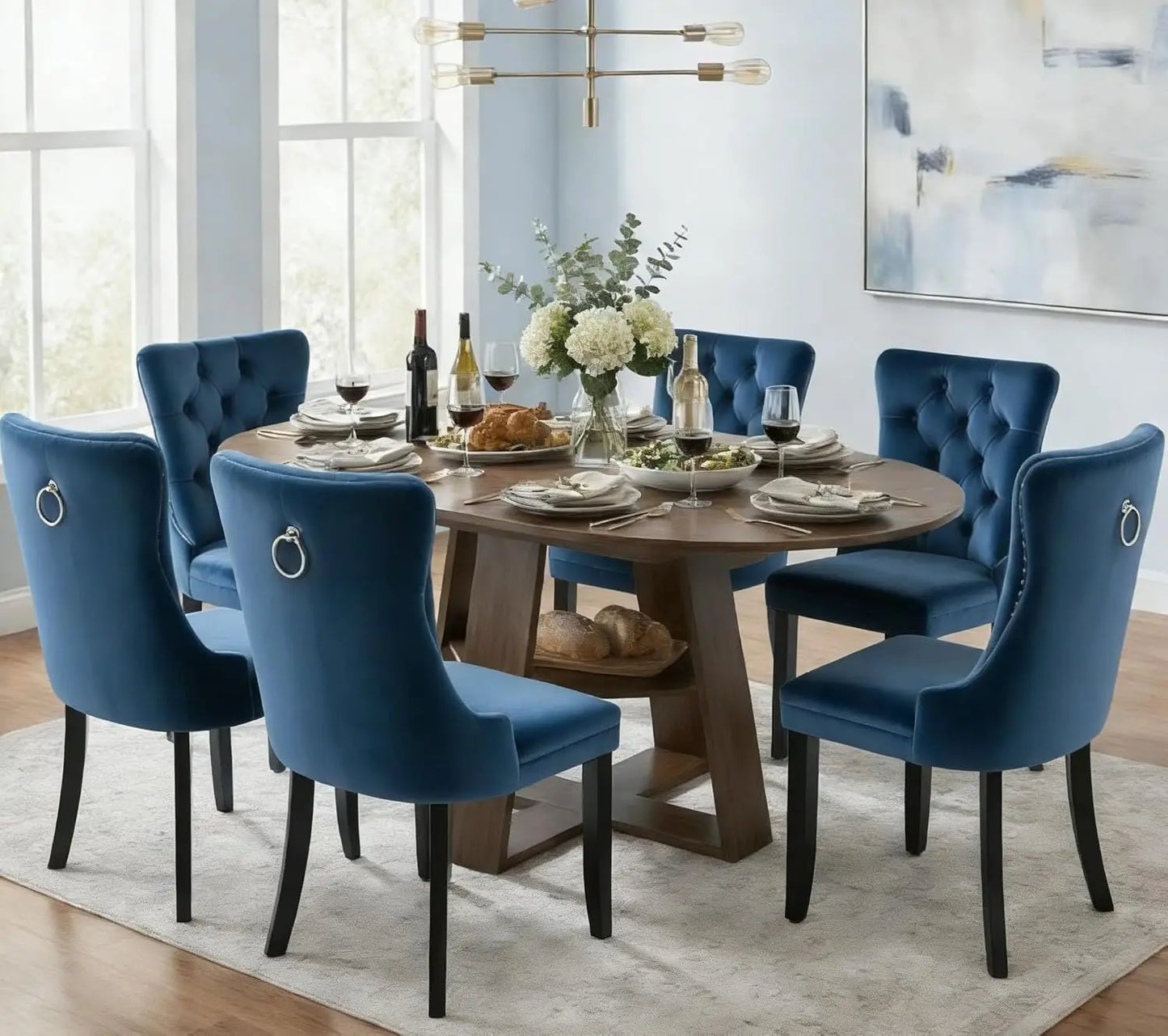 7 Piece Oval Extendable Dining Table Set for 6, 43"-59" Walnut Wood Expanding Kitchen Table with 6 Velvet Tufted, Customized