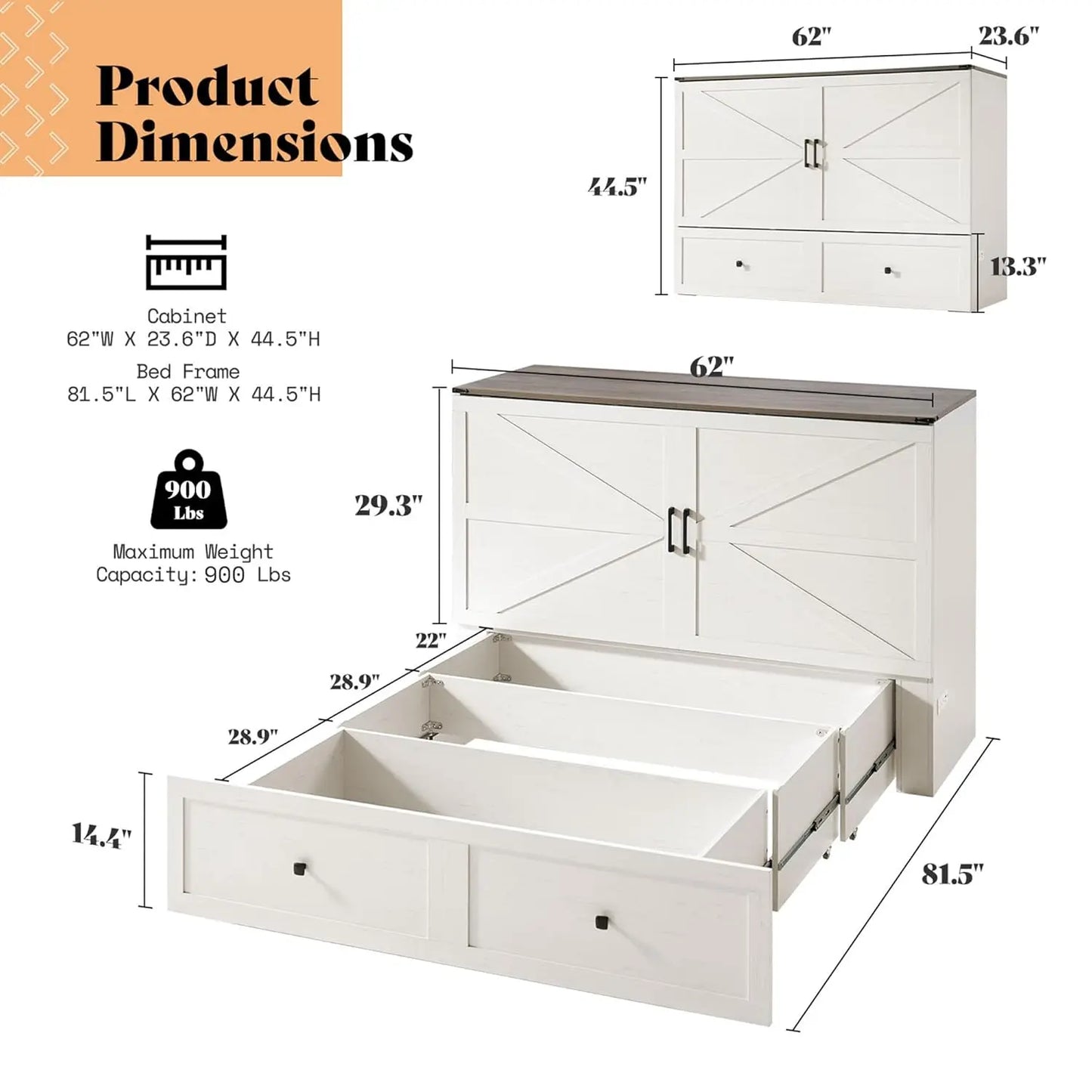 Queen Murphy Bed with Storage & Charging Station, Farmhouse Murphy Cabinet with Foldable Panel, Noisy Free, for, Customized