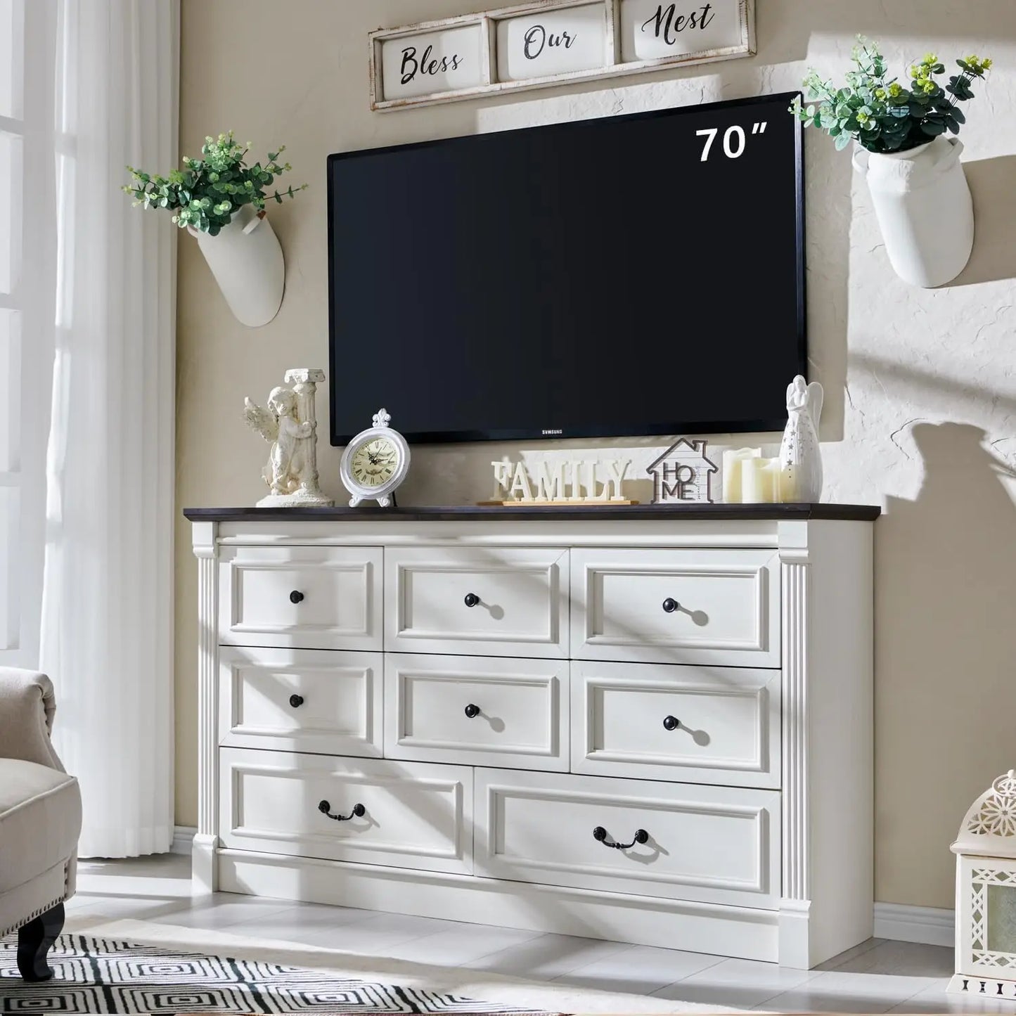 Farmhouse 8 drawer dresser, 61" wide large chest of drawers with Roman Columns, bedroom, hallway, living room, storage