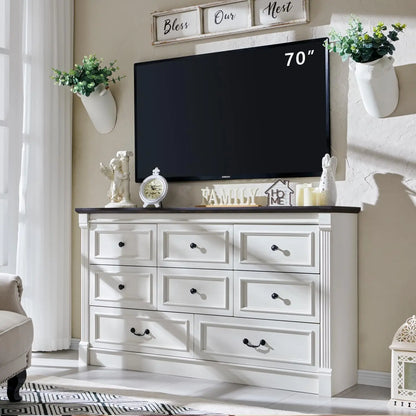 Farmhouse 8 drawer dresser, 61" wide large chest of drawers with Roman Columns, bedroom, hallway, living room, storage