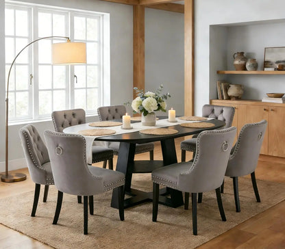 7 Piece Oval Extendable Dining Table Set for 6, 43"-59" Walnut Wood Expanding Kitchen Table with 6 Velvet Tufted, Customized