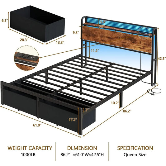 Furnulem Queen Size Bed Frame with Headboard, Platform Bed Frame Queen Size with 2 Storage Drawers and Charging Station