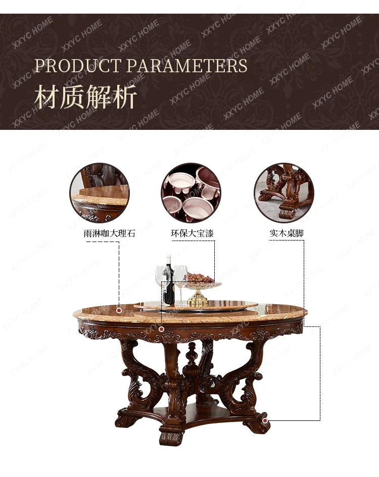 A European natural marble dining table full solid wood round table carved American villa large apartment restaurant combination