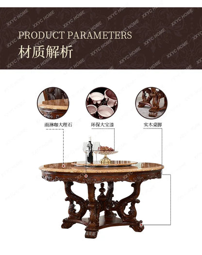 A European natural marble dining table full solid wood round table carved American villa large apartment restaurant combination